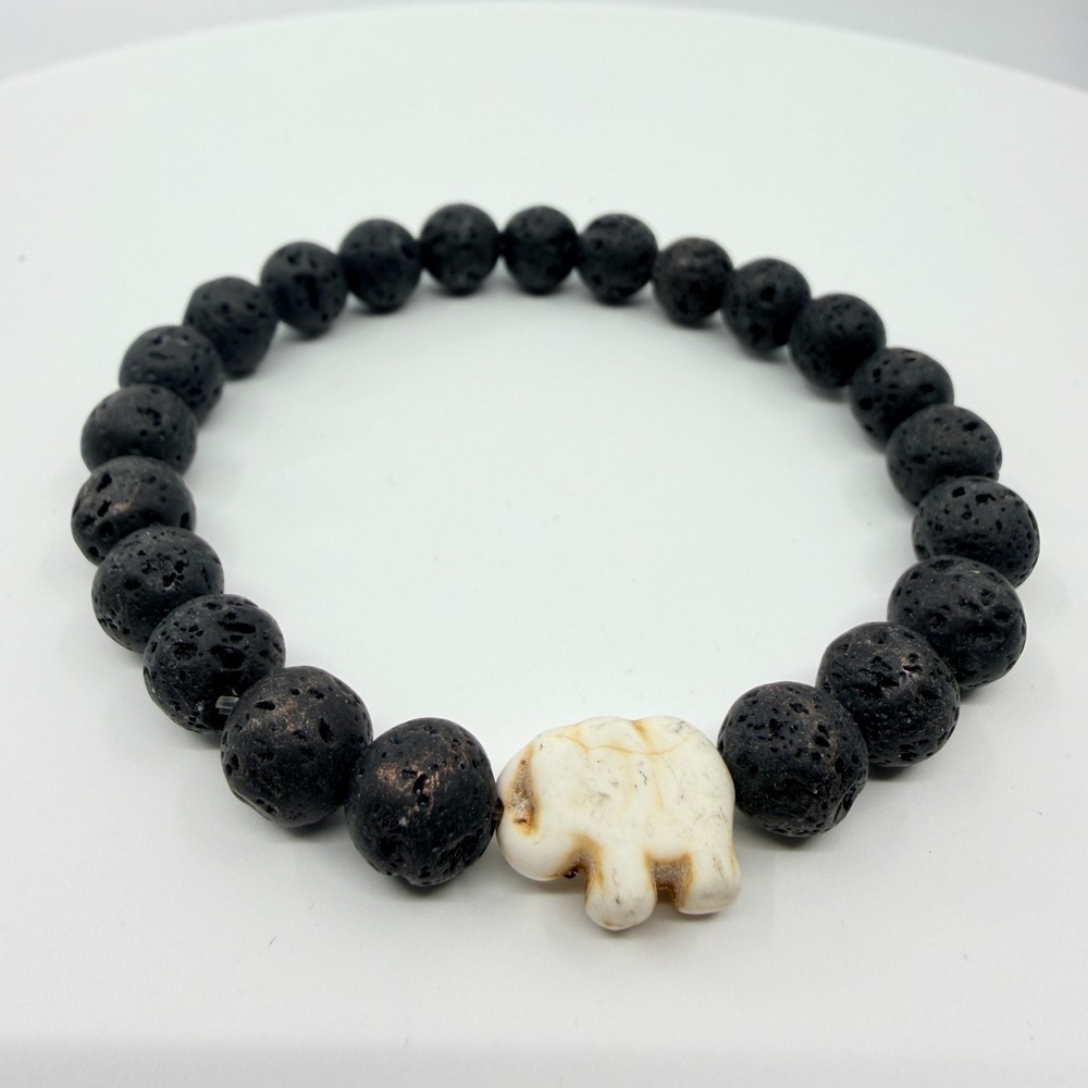 Vintage Black Lava Rock Bead Bracelet with White Howlite Elephant Boho